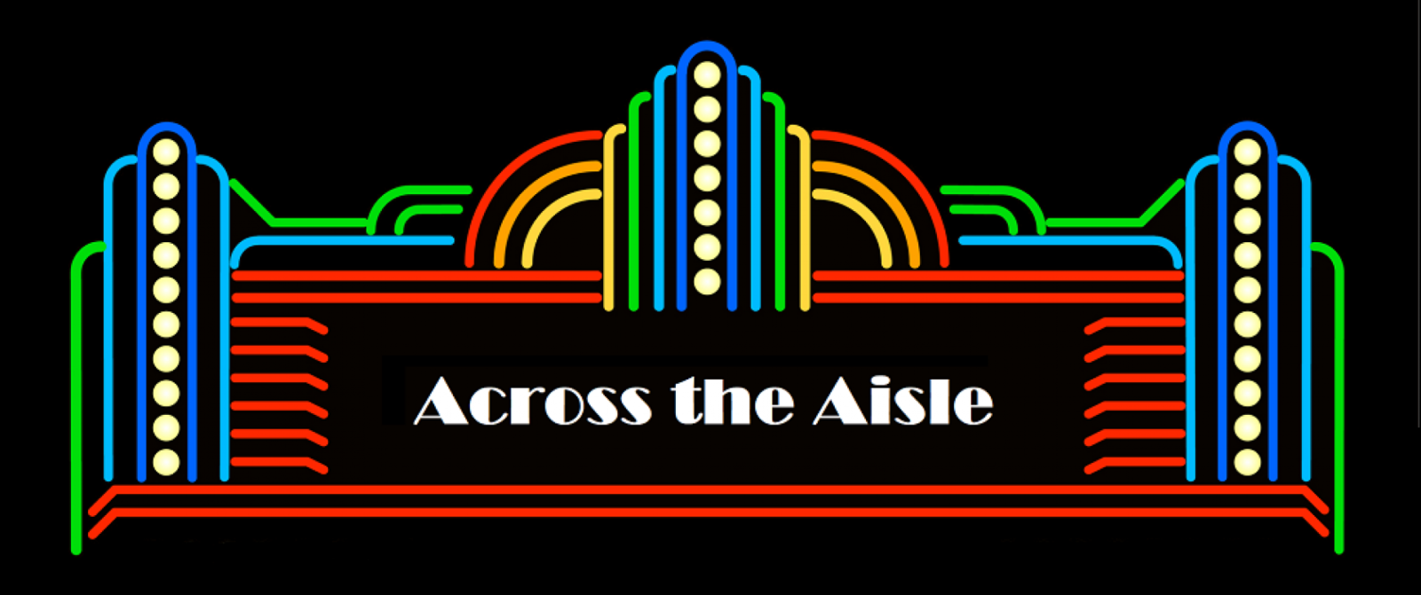 Across the Aisle header logo - podcast name is in text set on a colourful neon sign..