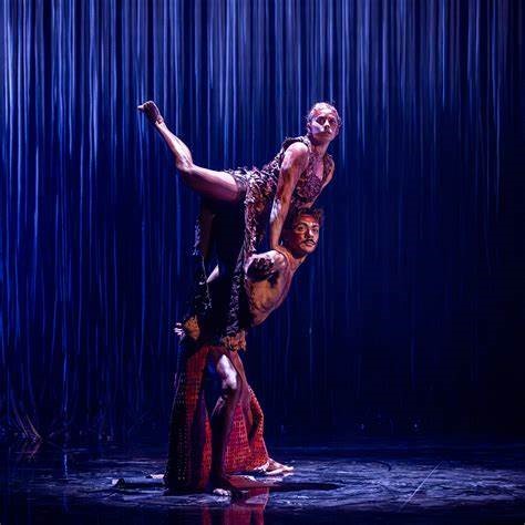 A male dancer supports a female dancer on this back. They are in front of a purple curtain.